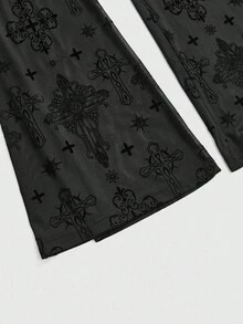 ROMWE Women's Gothic Cross Patchwork Flocked Fabric Pants - Black - View 4