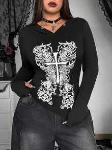 Whyspr Plus Size Women Casual Eyelet Hoodie Long Sleeve Printed T-Shirt