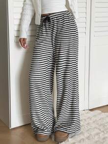 Aloruh Pantalones largos casuales de mujer con rayas y nudo delantero - Blanco y Negro - Ver 4