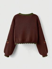 ROMWE Fairycore 女式V领落肩长袖休闲狐狸刺绣针织开衫，秋冬 - 棕色 - 查看 5