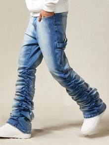 ROMWE MEN Street Life Men's Casual Washed Ruched Denim Jeans - Baby Blue - View 5