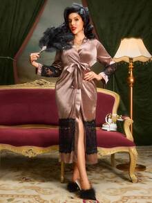 Velvet Contrast Lace Women's Long Sleeve Belted Robe, For Fall - Brown - View 3