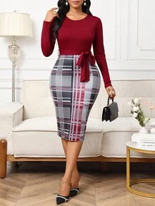 SHEIN Lady Women's Round Neck Long Sleeve Plaid Belted Waist Fitted Elegant Mid-Length Dress - Red - View 4