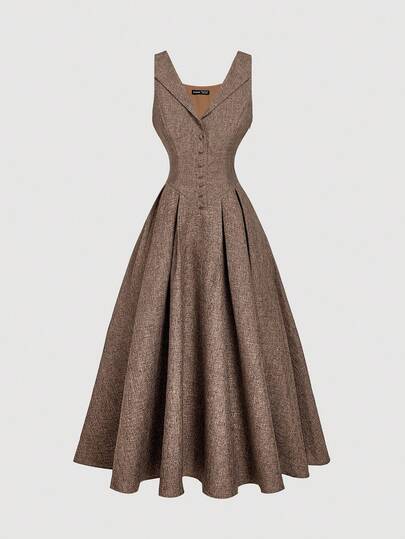 SHEIN MOD 驼色领口、前扣和收腰中长连衣裙