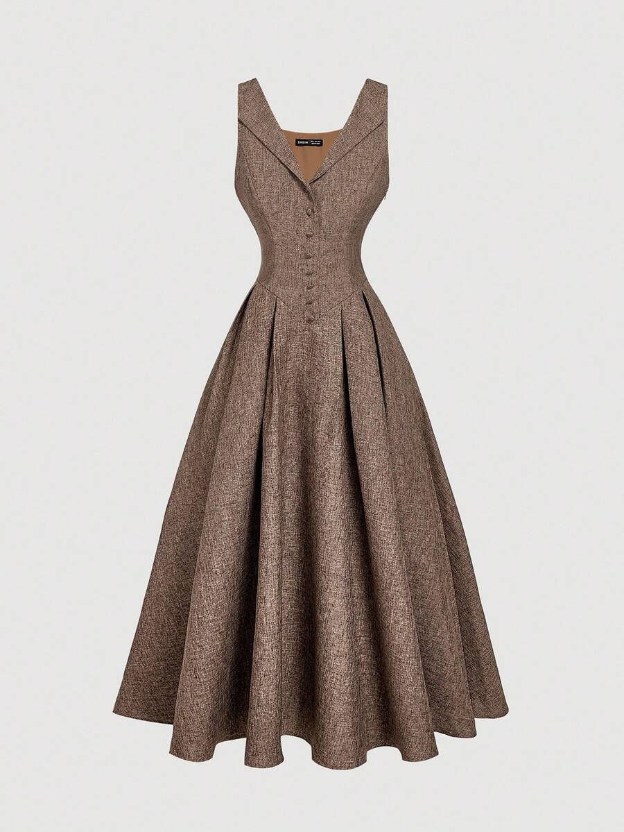 SHEIN MOD 驼色领口、前扣和收腰中长连衣裙 - 駝色 - 查看 1