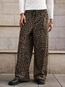 SWAVVY Men's Casual Fashion Street Corduroy Leopard Print Drawstring Waist Loose Wide Leg Pants, Fall/Winter
