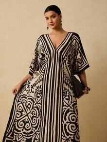 Travachic Vestido Vintage Colorblock Solto Versátil de Decote em V Plus Size