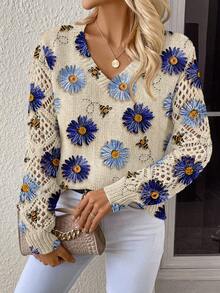 EMERY ROSE Pull tricoté à col en V ajouré avec imprimé floral décontracté, blouses fleuries d'automne pour femmes, blouses femmes à manches longues, décontractées - Blanc - Voir 4