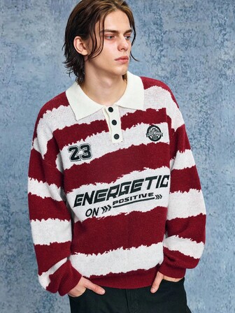 Prep Suéter de cuello polo de manga larga con caída de hombro, con estampado de letras y rayas, casual para hombre, otoño