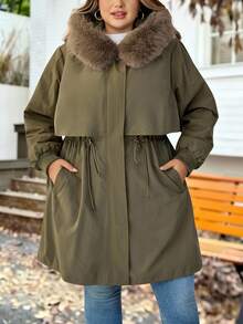 SHEIN CURVE+ Plus Size Women Casual Army Green Winter Parka,Hiking Long Padded Coat With Fur Hood,Lined,Drawstring Waist,Pockets,Ribbed Cuffs,Winter Jacket,8xl - Army Green - View 3
