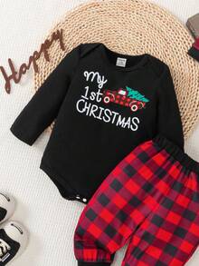 SHEIN Playful Pals 3件套婴儿男女宝宝圣诞字母印花长袖连体衣+南瓜图案裤子+帽子套装，秋季圣诞宝宝服装，男女宝宝圣诞套装，我的第一个圣诞节宝宝套装，男女宝宝通用服装，中性宝宝服装 - 彩色 - 查看 7