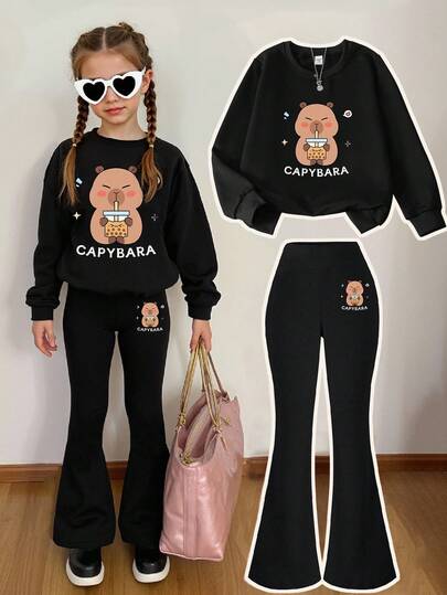 2 st/set flickor och tonåringar capybara & bubble tea-tryck rund halsringad långärmad tröja och utsvängda byxor, bekväm stickad långärmad sporttopp, söt tecknad design lämplig för höst/vinter fritidskläder