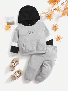 2pcs Kids Boy Back-To-School Set,Casual Street Style Solid Color Hooded Pullover Sweatshirt & Relaxed Fit Long Pants,Suitable For School,Autumn,Garden - Multicolor - View 4