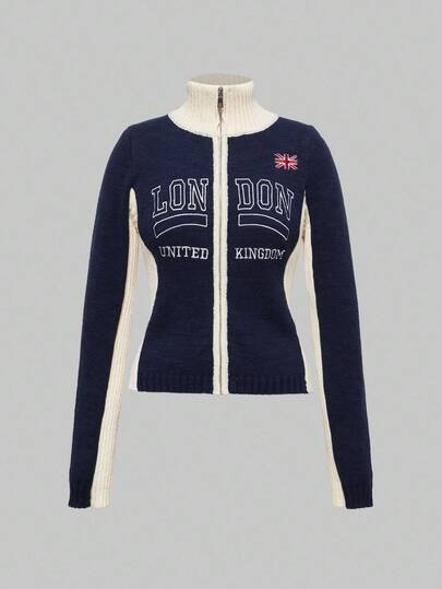 Women's London Flag Embroidery Pattern Tight Y2K Vintage Contrast Color Knit Cardigan