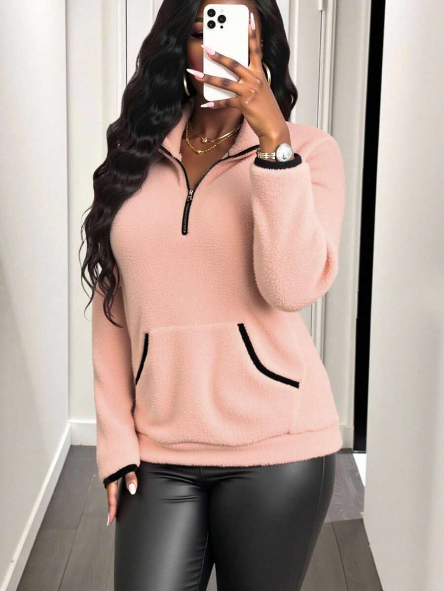 BamGleam Women's Zipper Pocket Plush Pullover Sweatshirt,Winter Coat,Winter,Thermal Fall - Baby Pink - View 1