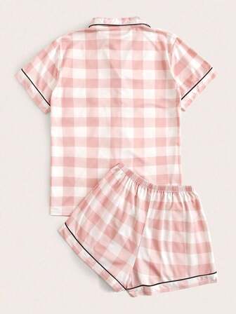 Buffalo Plaid Piping Trim PJ Set / Pajama Set Pink Pajamas  Cozy And Elegant Details