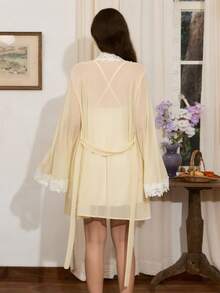 Côtesoire French Retro Elegant Comfortable Sexy Mesh Lace Patchwork Robe And Slip Dress Women Sleepwear Set - Màu be - Xem 2