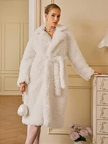 GENKIRA French Retro Thickened Faux Fur Collar Belted Windbreaker Jacket - White - View 2