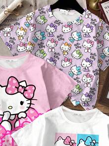 SHEIN Hello Kitty and Friends | Modeflare Wear 3pcs/Set Young Girls' Casual Basic Round Neck Short Sleeve T-Shirts, Suitable For Spring/Summer, Family Activities, Parties, Gatherings