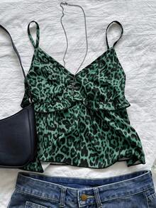 Chiquease Women's Sexy Leopard Print Patchwork Ruffle Trim Fashion Camisole - Green - View 1