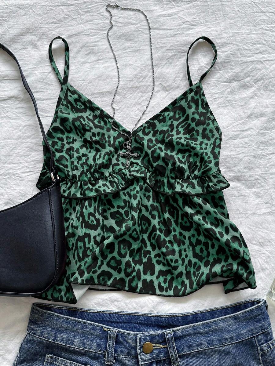 Chiquease Women's Sexy Leopard Print Patchwork Ruffle Trim Fashion Camisole - Green - View 1