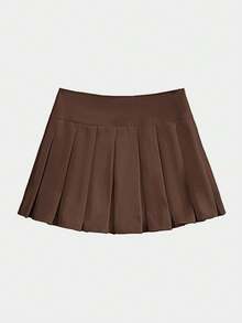 ROMWE J-Fashion 女式纯色褶皱 A 字裙，休闲学院风 - 棕色 - 查看 2