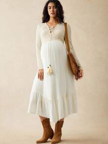 Boho Mama 孕妇休闲纯色不对称下摆连衣裙，秋季 - 杏色 - 查看 2