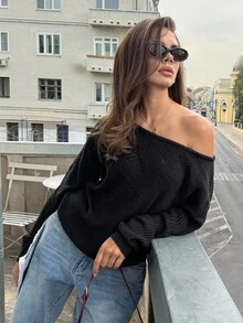 SHEIN Tall Damen Einfarbiger Asymmetrischer Ausschnitt Lässiger Langarm Roter Pullover Für Lässig Party Elegant Zuhause Sexy Herbst Winter Lässig Weihnachten Halloween Neujahr Asymmetrisches Oberteil - Schwarz - Übersicht 7