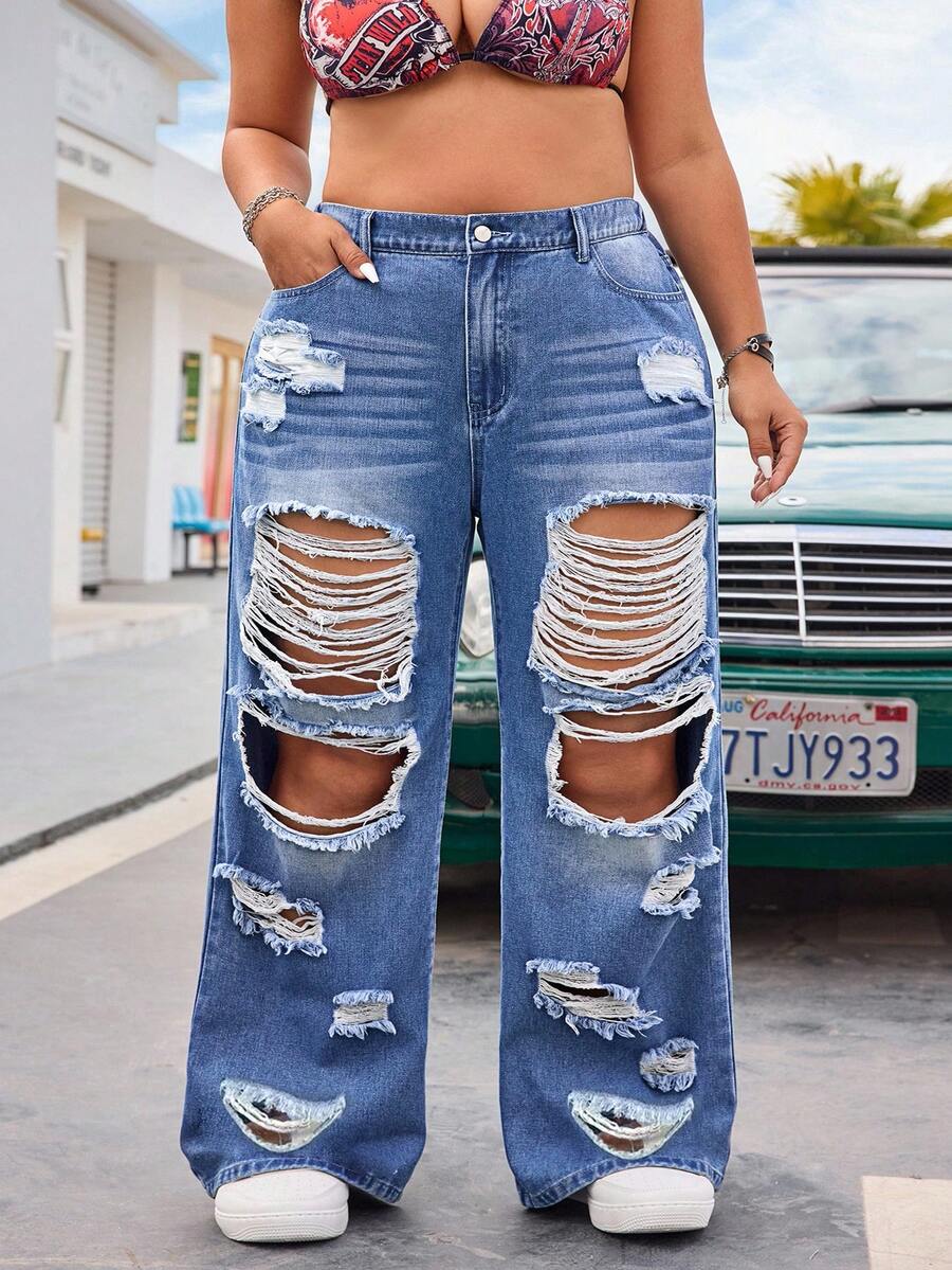 SHEIN CURVE+ Plus Size Casual Distressed Loose Wide Leg Jeans,Back To School - Blue - View 1