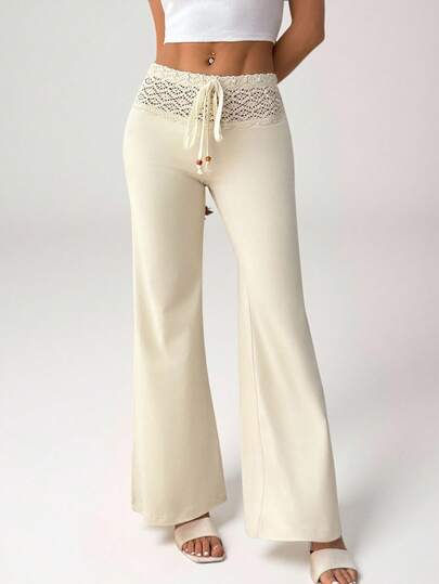 SHEIN PETITE Dambyxor i vitt stickat midjeband med pärlstav och dragsko, raka och lösa casualbyxor i resort-modell