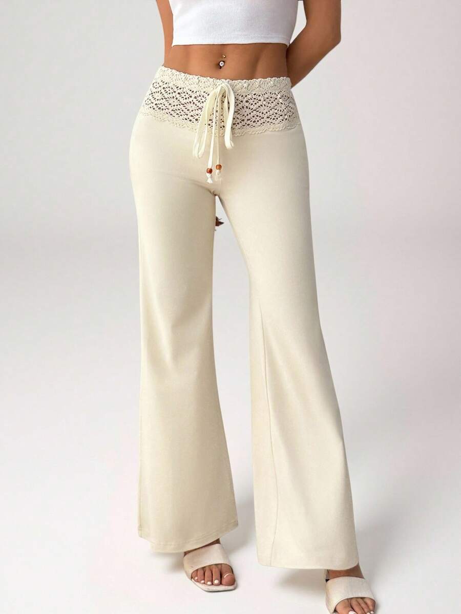 SHEIN PETITE 女式白色针织腰带配串珠抽绳直筒宽松休闲度假裤 - 杏色 - 查看 1