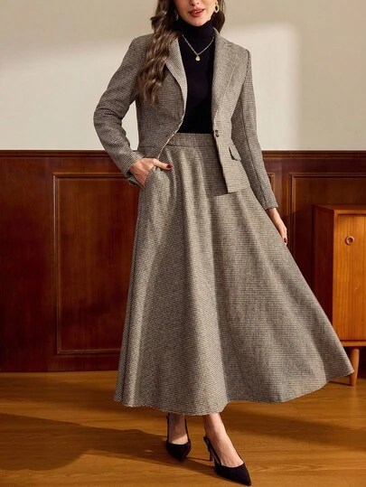 Vintamour 复古经典优雅女士西装套装，修身千鸟格西装套装，卡其色西装套装，秋冬