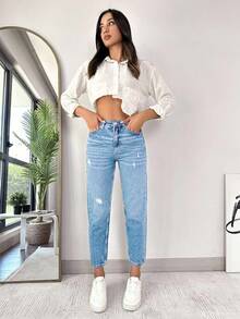 EURMUSE Jeans casuales y versátiles de talle alto con bolsillos y desgastados para mujer - Celeste - Ver 6