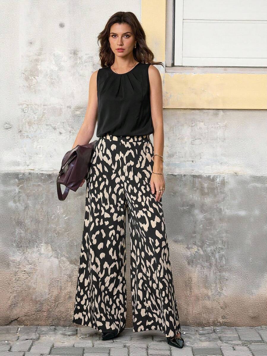 SHEIN Tall 2件套女士优雅度假舒适宽松纯色吊带背心和豹纹阔腿裤套装夏季女装豹纹雪纺 - 黑色 - 查看 1