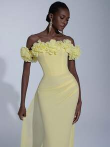 Elitara 优雅奢华的露肩 3D 花卉美人鱼尾连衣裙，采用雪纺、弹力针织面料，适合婚礼、派对、度假、庆典、正式活动 - 淡黃色 - 查看 6