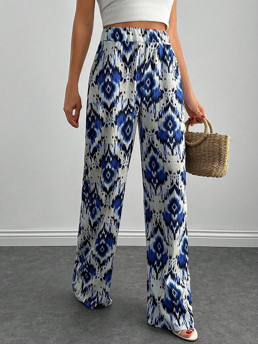 SHEIN Cottnline 波西米亚风格全印花高腰直筒裤 - 彩色 - 查看 1