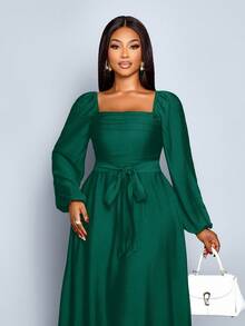 SOLERSUN Women Summer Plus Size Fall Winter Elegant Dark Green Square Neck Long Sleeve Ruched A-Line Dress,Frenchy Wedding Date Casual Commuting Dress - 墨綠色 - 查看 4