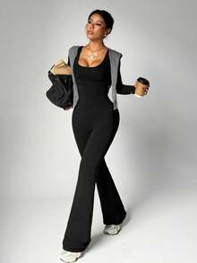 Dewbera Women's Autumn/Winter Jumpsuit, Black Tight-Fitting U-Neck Long Sleeve, Cross Back Strap, Fitted Front Panel, Flared Leg Hem, Suitable For Casual, Running, Yoga, Gym, Tennis And Other Activities Halloween Winter Glowmode Sexy Chillnights - Black - View 4