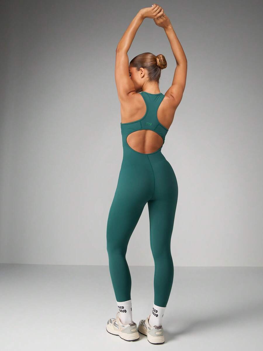 MISSGUIDED 高性能全长运动连体衣健身连体衣锻炼训练运动健身房跑步氨纶锁孔背部设计运动服 - 墨綠色 - 查看 1