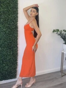 Andrea Bello Damen Abschlusskleid in Orange mit Einfarbig, langem Brustabschluss und eng anliegender Mesh-Partie - Orange - Übersicht 6