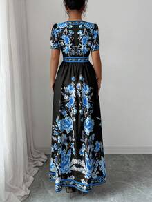 Elenzga 女士优雅通勤花卉印花连衣裙 - 藍色 - 查看 2