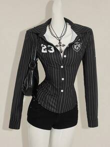 SHEIN ICON 女式黑白条纹长袖运动衫，数字印花短款衬衫，修身学院风夏季衬衫 - 黑色 - 查看 1