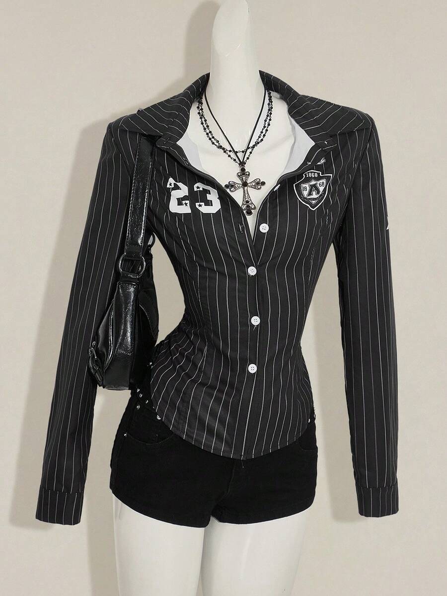 SHEIN ICON 女式黑白条纹长袖运动衫，数字印花短款衬衫，修身学院风夏季衬衫 - 黑色 - 查看 1