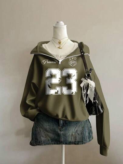 Attitoon 女士返校季复古图案23号，秋季宽松半拉链高领抓绒卫衣，适合秋冬季穿着