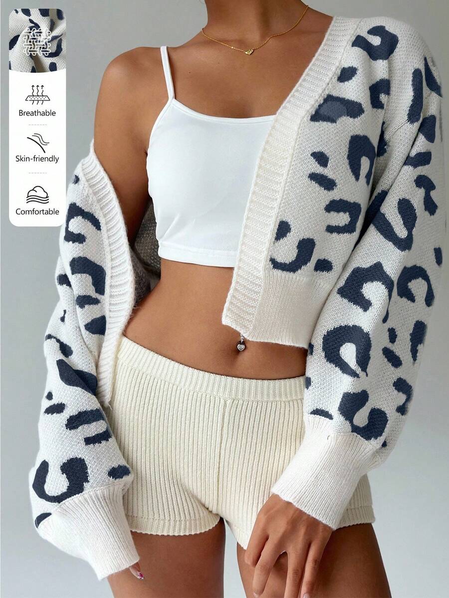 SHEIN Unity 女式豹纹落肩长袖短款宽松开衫,秋冬 - 彩色 - 查看 1