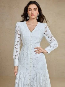 DAZY Women's V-Neck Puff Sleeve Button Design Ruffle Hem Elegant Lace Mid-Length Dress - Beige - View 6