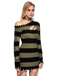 ROMWE Grunge Punk Long Ripped Red & Black Striped Pullover Sweater - Multicolor - View 7