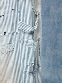 ROMWE MEN Street Life Men's Striped Pocket Punk Wide Leg Distressed Loose Fit Jeans - Light Wash - View 10