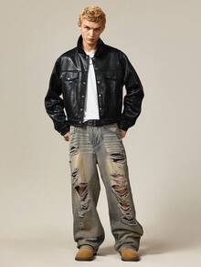 ROMWE MEN Casual Men's Autumn Faux Crocodile Texture Single-Breasted Loose Fit Long Sleeve Jacket - Black - View 6