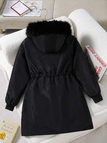 Sparklyn Teen Girls Black Hooded Zip-Up Casual Jacket, Cinched Waist, Leopard Print Lining, Suitable For Daily Commute And Dates, Autumn/Winter - Black - View 2